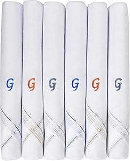 Caruso Italy Men's Initial Monogram Embroidery 100% Pure Cotton Handkerchief White Base With Colored Border - Pack Of 6