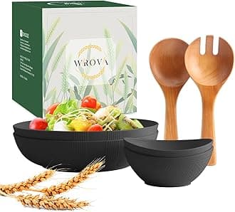 Large Serving Bowl Set 6 Pack- Unbreakable Alternative Plastic Salad Serving Bowls 65oz with Wooden Salad Servers & Sauce Bowls 10oz Freezer and Dishwasher Safe (Black)