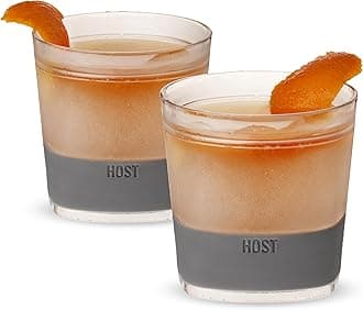 Host Whiskey Freeze Glasses, Double Old Fashioned Glasses, Chill Without Dilution for Brandy, Vodka, Gin, Rum, and Cold Brew Cocktails, Bourbon Gifts for Men, Home Bar, 9 oz, Set of 2, Grey
