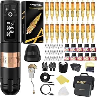 Soldier Tattoo Machine Kit Complete Rotary Wireless Tattoo Pen Gun Kit with 20pcs Glory Tattoo Cartridge Needles Practice Skin Supplies for Beginners & Professional Artists, Gold