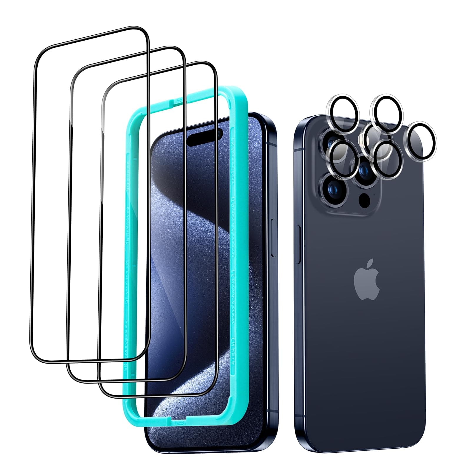 ESR 3+2 Pack for iPhone 15 Pro Screen Protector, 3 Black Edge Tempered-Glass Film and 2 Set Camera Lens Protector, 2.5D Curved Edges, Full-Coverage Military-Grade Protection, Scratch Resistant