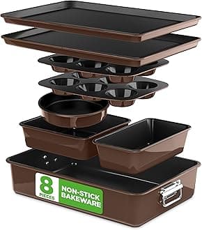 8-Piece Nonstick Stackable Bakeware Set - PFOA, PFOS, PTFE Free Baking Tray Set w/Non-Stick Coating, 450°F Oven Safe, Round Cake, Loaf, Muffin, Wide/Square Pans, Cookie Sheet (Brown)