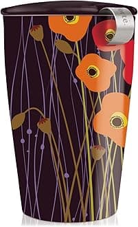 Tea Forté KATI Cup Ceramic Tea Brewing Cup with Infuser Basket and Lid for Steeping, Loose Leaf Tea Maker, Poppy Fields