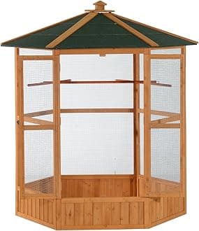 PawHut 69" Large Wooden Hexagonal Outdoor Aviary Flight Bird Cage with Covered Roof, Brown