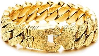 Mens Steel Vintage Fancy Curb Chain Bracelet with Tribal Tattoo Pattern, Retro Style, Masculine