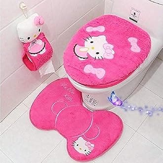 4PCS Bathroom Set Toilet Cover WC Seat Cover Bath Mat Holder Pink/Rose Red (Rose Red)