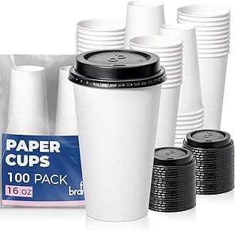 100 Pack 16 oz Disposable Coffee Cups with Lids, Premium To Go Paper Cups, Leak Proof Hot Coffee Cups with Lids for Travel, Office, Hot/Cold Beverages (Black Lids)