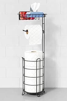Black Toilet Paper Holder Free Standing with Shelf, Stand Up Bathroom Tissue Holder with Wipes Storage, Rustic Farmhouse Toilet Roll Holder with Tray for Phone, Extra Large Rolls (Matte Black)