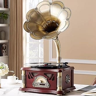 Classic Gramophone with Bluetooth Output, Retro Gramophone Turntable for 7 Inch, 9 Inch, 12 Inch, 3 Speed, Hi-Fi, Handmade by Pure Oak (Nogal)