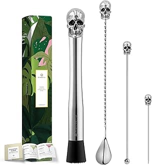 Homestia 4PCS Skull Muddler Set, 10 Inch 304 Stainless Steel Cocktail Muddler for Mojito and Fruit Drinks, Home Bar Tool Set of Bar Spoon Swizzle Stick Cocktail Pick Silver for Halloween Party Bar