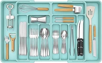 Lifewit Extra Large Cutlery Drawer Organsier, Extendable Utensil Tray for Kitchen, Silverware and Flatware Holder, Compact Plastic Storage for Spoons Forks Knives, 54-91x43cm, 13 Sections, Turquoise