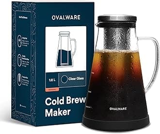 Airtight Cold Brew Iced Coffee Maker Pitcher and Tea Infuser with Spout - 1.0L / 34oz Ovalware RJ3 Brewing Glass Carafe with Removable Stainless Steel Filter