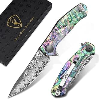 - AUBEY Damascus Pocket Knife for Women Men, Sharp 3.23" Damascus Steel Blade Knife with Clip, EDC Hunting Knives with Abalone Shell Handle, Gift for Camping Outdoor