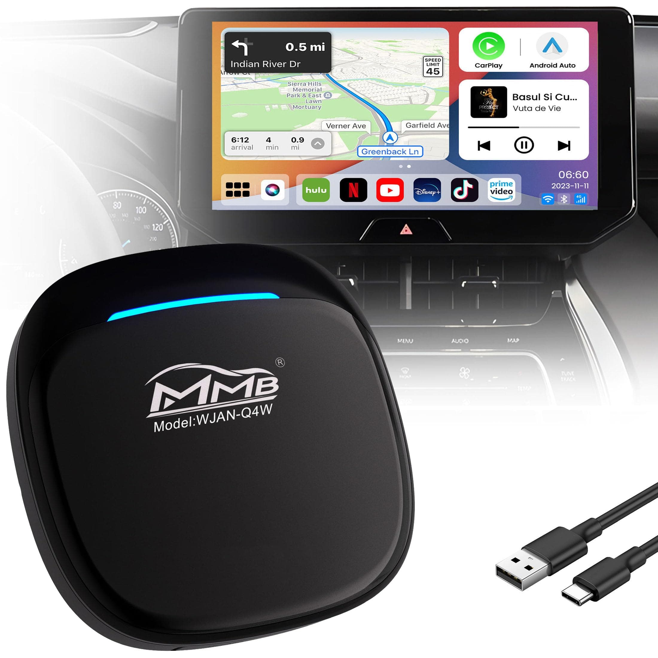 MMB Magic Box 4.0 Wireless CarPlay & Android Auto, 2024 Newest,8+128GB,8-Core, Android 13, QCM 6125,Built-in HDMI, GPS Navigation, Support Multimedia Video/NetfIix/YouTube/Tiktok Play Store