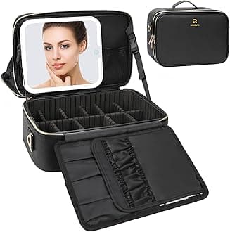 Relavel Makeup Bag with LED Mirror, Makeup Case with Lighted Mirror, Large Capacity Travel Cosmetic Train Case Organizer Box for Women, Dividers and Rechargeable Vanity Mirror with 3 Color Lights