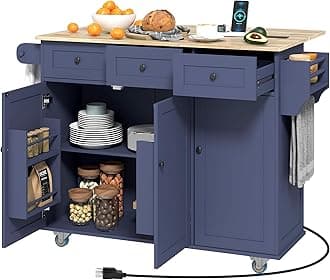 HOMCOM Rolling Kitchen Island with Power Outlet and Drop Leaf, 53" Island Table with Wood Top, 3 Drawers, Adjustable Shelf, Spice & Towel Rack, Kitchen Cart on Wheels, Dark Blue