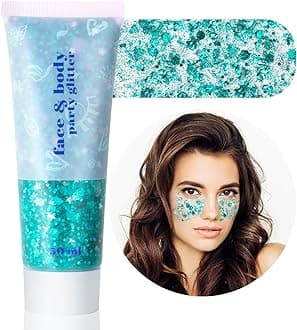 Teal Body Glitter,Holographic Mermaid Face Glitter Gel for Halloween Face Paint,Dazzle Green Chunky Glitter for Face Body Hair,Sparkling Self-Adhesive Gel Glitter Makeup for Women and Kids