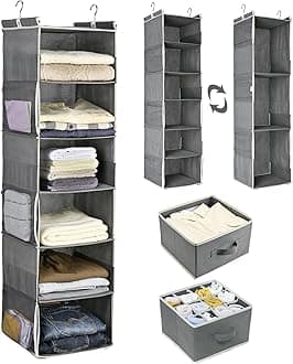 ULG 1 PC Hanging Closet Organizer, 3-in-1 to 6-in-1 Reversible Cloth Hanging Shelves with 6 Side Pockets & 2 Removable Drawers for Wardrobe Clothes Sweater Storage, Foldable, Dark Gray, Inseparable