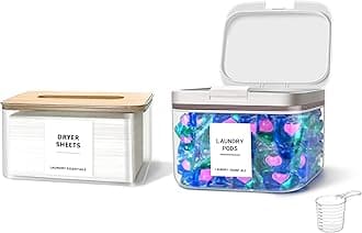 2 Pack Laundry Pods Container and Dryer Sheet Holder for Laundry Room Organization, Laundry Pod Up Holder with 30 Labels and Scoops, Laundry Detergent Powder Container, Scent Booster Holder