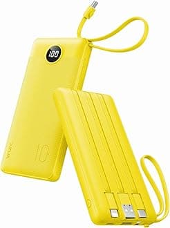 VRURC Portable Charger with Built-in Cables, 10000mAh LED Display USB C Power Bank, Slim Travel Battery Pack with 5 Output 2 Input Compatible with iPhone 17 16 15 13,Samsung,Android etc-Yellow(1 Pack)