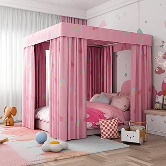 Hvqic Pink Canopy Bed Curtains - 4 Corner Post Bed Curtains Lightproof Princess Bed Canopy for Girls Rainbow Canopy Bed Curtains for Kids Room Decor(Twin,Pink-Cloud)