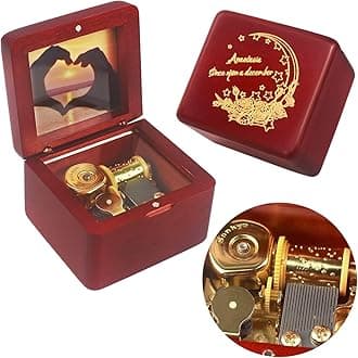 Sinzyo Natural Wooden Music Box with Customizable Photos Wind Up Musical Box Gifts for Christmas,Birthday and Valentine's Day (Character Wine Red, Tone:Anastasia-Once Upon a December)