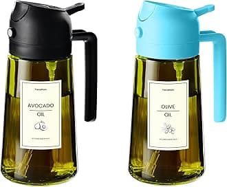 TrendPlain 470ml Olive Oil Spray Bottle - 2 in 1 Olive Oil Dispenser Bottle for Kitchen Accessories - Kitchen Gadgets, For Air Fryer - with Stickers, Light Blocking - Black & Sky Blue