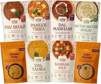 - The Cumin Club Variety Pack | 8 Authentic Indian Meals | Ready in 5 Minutes, Just Add Water | All-Natural, No Preservatives | Vegetarian-Friendly