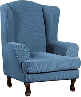 Turquoize Super Stretch Stylish Furniture Cover/Wingback Chair Cover with Elastic Bottom Anti-Slip Foam Sticks Featuring Jacquard Fabric Small Checks Fabric (Wing Chair, Dustyblue)