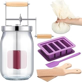5 Pcs Butter Churn Set Include 1 Pcs Hand Crank Butter Churner Manual Butter Maker 1 Pcs Cheese Cloth 2 Pcs Wood Butter Paddles 1 Set Silicone Butter Mold with Lid and Spatula