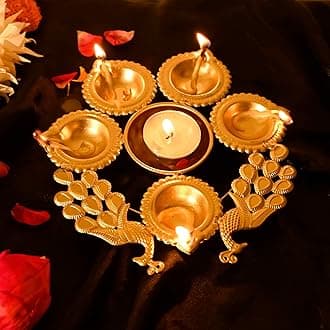 Ascension Peacock Diya Shape Decorative Urli Bowl for Home Decor with 5 Attached Oil Diyas for Floating Flowers and Tealight Candles Home Table | Diwali Decoration Items for Pooja Room (7 inch)