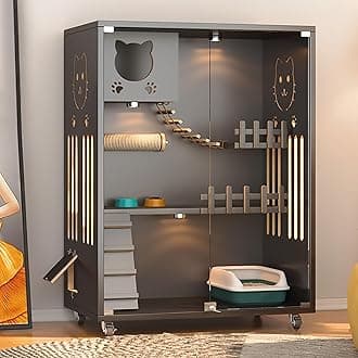 Cat Villa, Home Solid Wood Cat Cabinet, Luxury Cat House with Wheels, Extra Large Space Cat Nest, Large Cat House Cat Cage