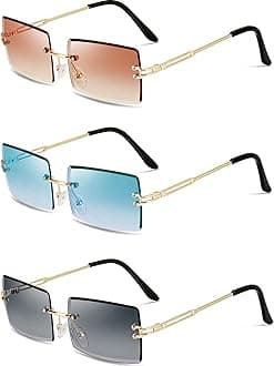 3 Pairs Rimless Rectangle Sunglasses Tinted Frameless Eyewear Vintage Transparent Rectangle Y2k