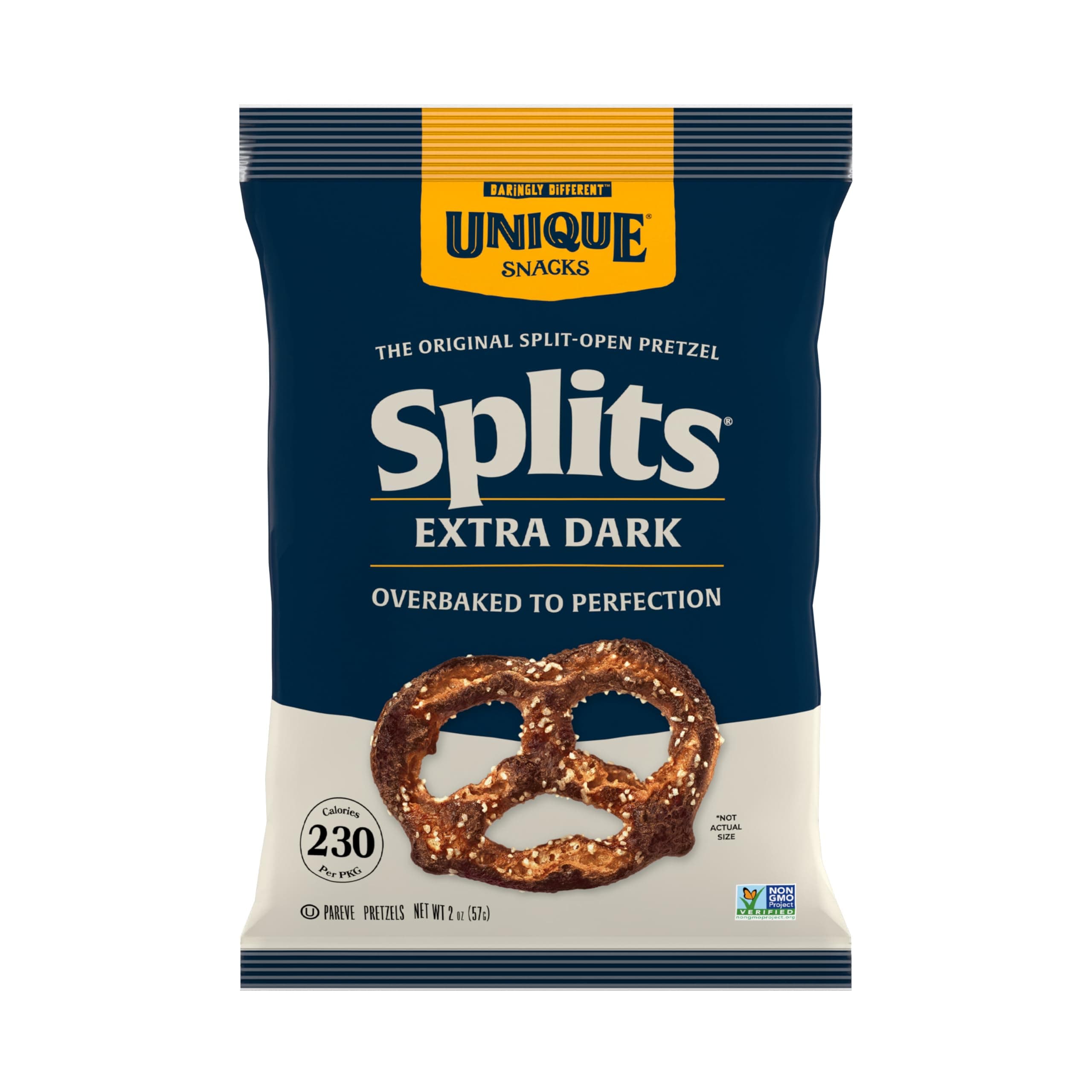 Unique Snacks Extra Dark Split Pretzels, Original Split Pretzels, Delicious Homestyle Baked Snack Bag, Vegan, OU Kosher and GMO Free Foods, No Artificial Flavour, 2 Oz