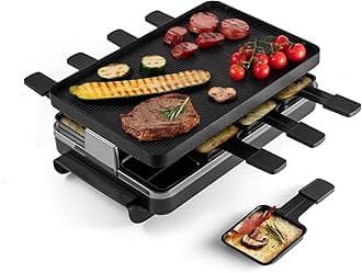Classic 8-Person Raclette Party Grill with Reversible Cast Aluminum Non-Stick Grill Plate/Crepe Top, Indoor Electric Raclette Grill & Griller - Black Grill Plate - Black