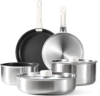 CAROTE Pots and Pans Set Non Stick, 9pcs Stainless Steel Cookware Set Detachable Handle, Induction Kitchen Cookware Sets with Removable Handle, RV Cookware Set, Oven/Dishwasher Safe