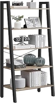 VASAGLE Ladder Shelf, 5-Tier Bookshelf, Storage Rack, Bookcase with Steel Frame, for Living Room, Home Office, Kitchen, Bedroom, Industrial Style, Camel Brown and Ink Black ULLS045B50