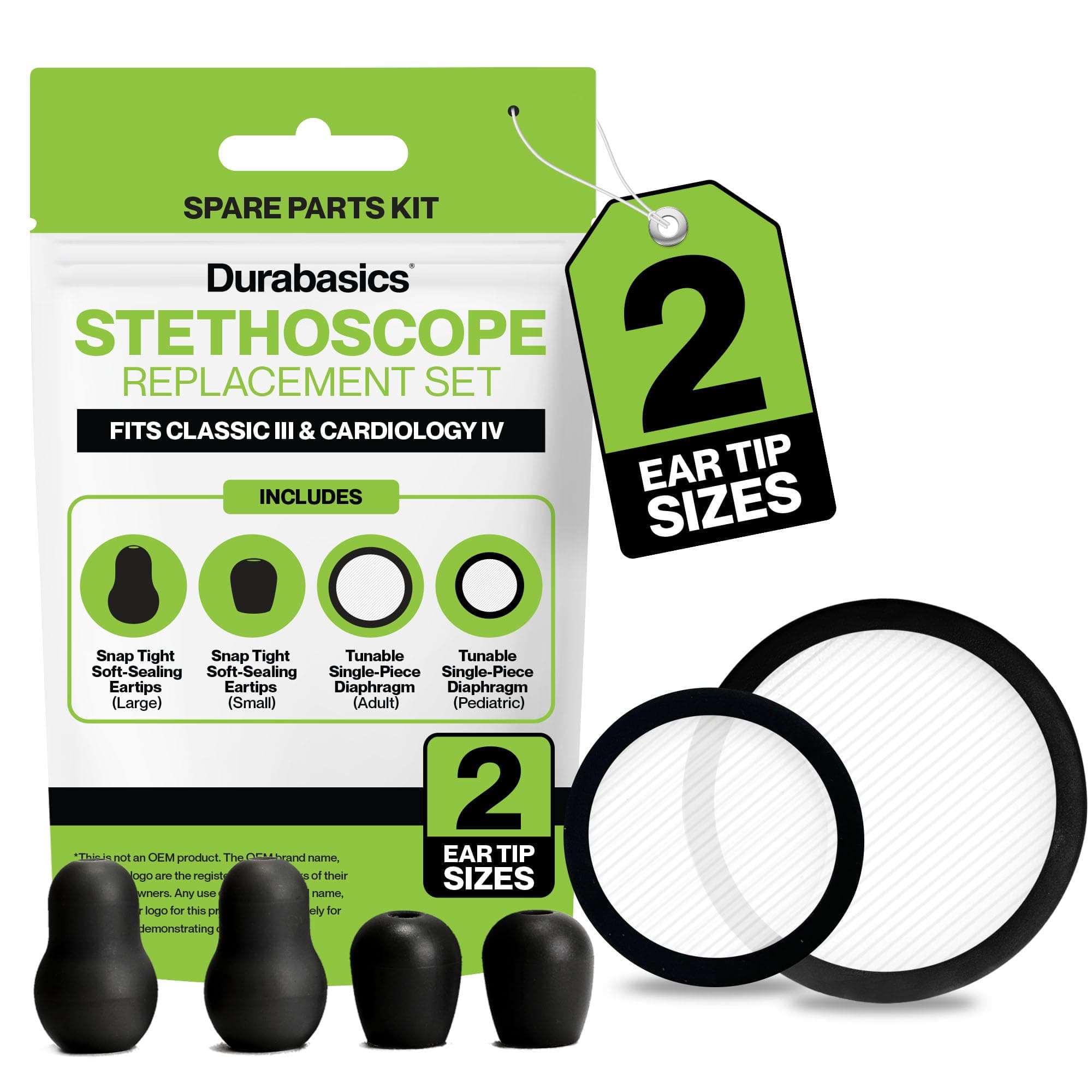 Durabasics Classic 3, Cardiology 3 & Cardiology 4 Accessories Kit for Littmann Stethoscope Replacement Parts & Littmann Stethoscope Parts - Fits Classic III, Cardiology III & IV - Black