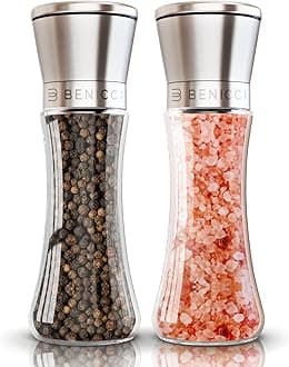 Premium Salt and Pepper Grinder Set of 2 - Two Refillable Stainless Steel Sea Salt & Spice Shakers with Adjustable Coarse Mills - Easy Clean Ceramic Grinders w/BONUS Silicone Funnel & Cleaning Brush