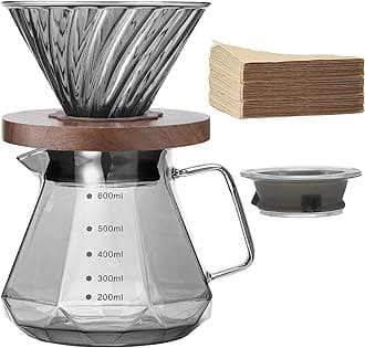 Pour Over Coffee Maker, 20 oz Borosilicate Glass Carafe with 100 pcs Paper Filter, Walnut Handle & Glass Lid, Drip Coffee Maker for Home Café Restaurant Camping, 600 ml, Gray
