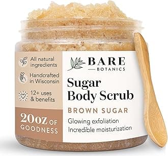 Bare Botanics Brown Sugar Body Scrub 20oz | Made in Madison, WI | All Natural Sugar Exfoliator w/Skin Loving Moisturizers | Vegan & Cruelty Free | Gift Ready Packaging w/a Cute Wooden Spoon
