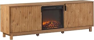 Walker Edison Arundo Reeded TV Stand with Fireplace & Storage, 70" Fireplace, English Oak
