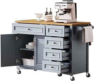 LUMISOL Kitchen Island on Wheels with Drop Leaf, 52'' Embossed Texture Kitchen Island Cart with 5 Drawers and 2 Doors, Rolling Kitchen Island with Spice Rack and Towel Rack for Kitchen, Blue Grey