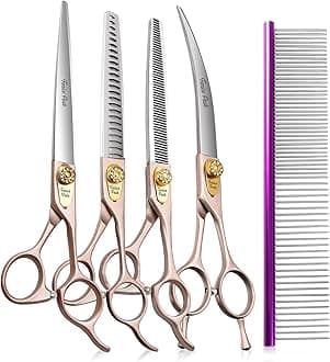 Fenice Peak 7" Professional Dog Grooming Scissors Set Rose Gold 440C Stainless Steel Straight Thinning Curved Chunker 4-Piece Set Pet Grooming Service for Dogs and Cats
