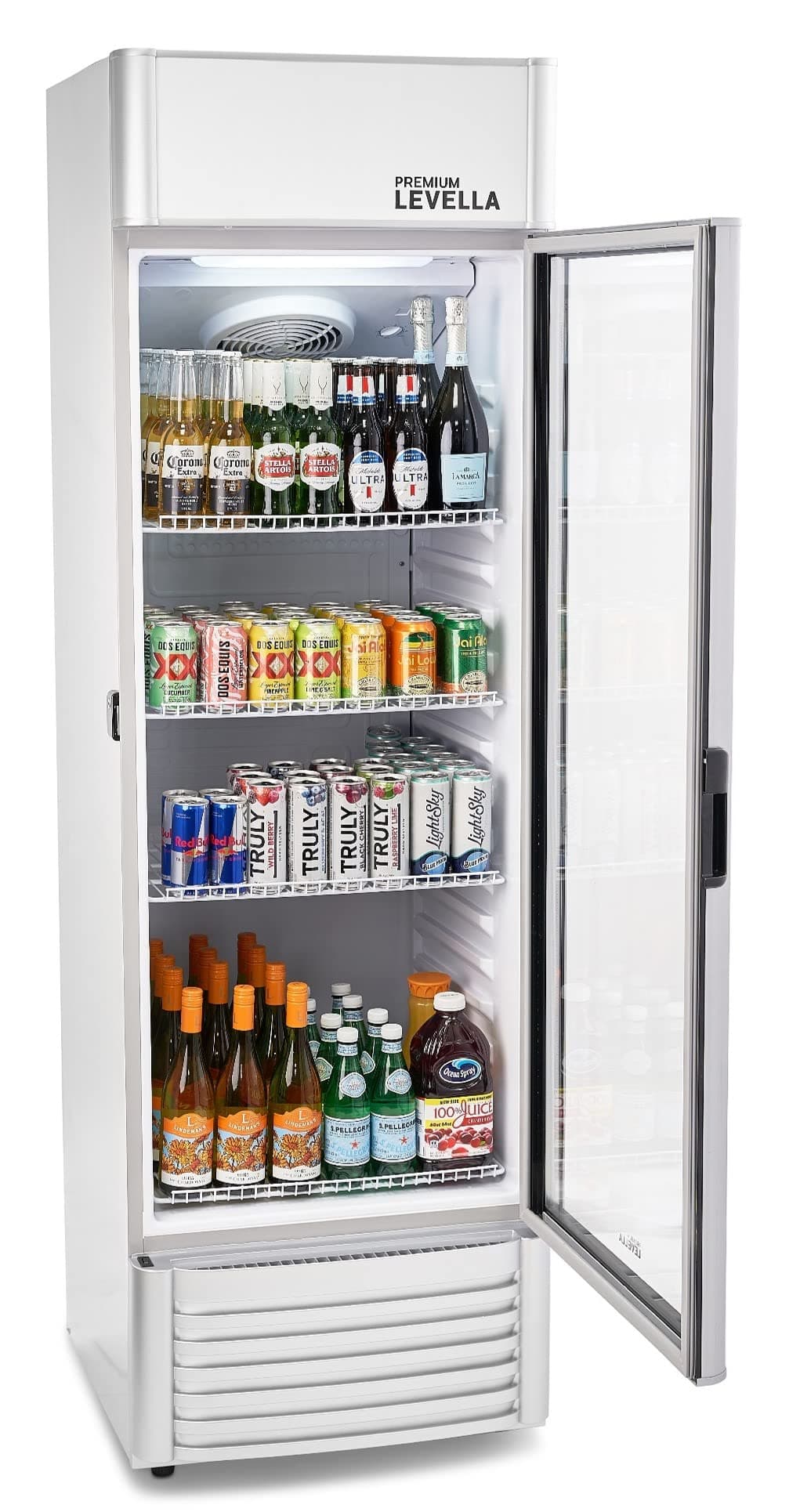 PremiumLevella PRF125DX Glass Door Display Refrigerator 12.5 cu ft Commercial Beverage Cooler Merchandiser With Customizable Lightbox - Silver