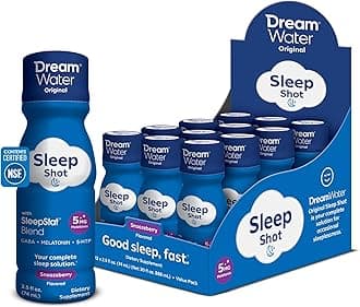 Dream Water Sleep Aid Supplement Drink; Melatonin 5mg, GABA, 5-HTP; Zero Sugar, Natural Flavors, No Added Colors, 2.5 oz Liquid Sleep Shots, Snoozeberry, 12-Count