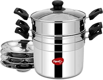 Pigeon All in One Multipurpose 4.5 liter Cookpot with Glass Lid Included Steamer and Strainer for Easy Cooking, Heavy Gauge Stainless Steel Idly Plates Inside, 4 Cavity (16 Idlies)|Induction and Gas Stove Compatible