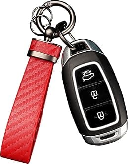 Turcee Carbon Fiber Keychain, Interior Accessories Leather Key Fob, Car Accessories Key Ring & Anti-Lost D-Ring (Red)