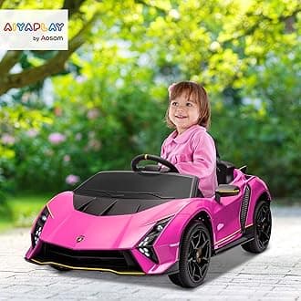 AIYAPLAY 12V Lamborghini Autentica Licensed Kids Electric Car with Butterfly Doors, Ride on Car with Remote Control, 4 Suspension Wheels, Soft Start, LED Lights, Music, Horn, Pink