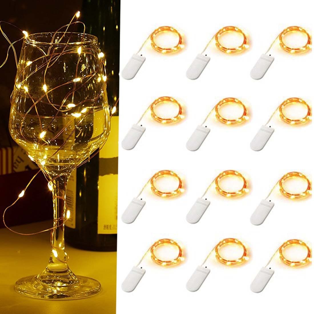 12-Pack LED Starry String Lights,Fairy String Lights 20 Micro Starry Leds on 7 Feet Silvery Copper Wire. Powered by 2x CR2032(Incl), Works for Wedding Centerpiece,Party,Table Decorations(Warm White)